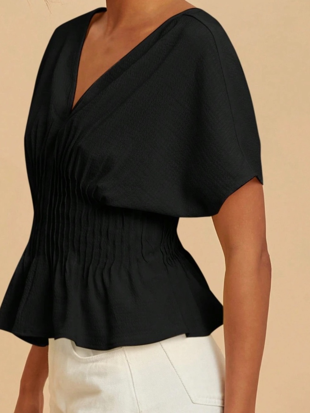Solid V neck Pleated Batwing Sleeve Cotton Top - Picture 8 of 10